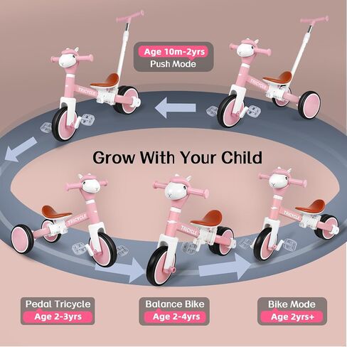 Tricycle for Toddlers 1-3 Year Olds, 5 in 1 Toddler Balance Bike 2-4 Years Old Boys Girls, Push Trike Toys with Adjustable Handle, Birthday Gifts for 2 3 4 5 Year Old Kids Bike (Pink) in Saudi Arabia