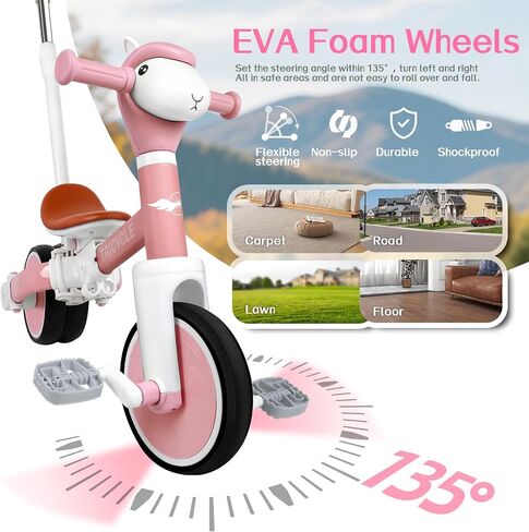 Tricycle for Toddlers 1-3 Year Olds, 5 in 1 Toddler Balance Bike 2-4 Years Old Boys Girls, Push Trike Toys with Adjustable Handle, Birthday Gifts for 2 3 4 5 Year Old Kids Bike (Pink) in Saudi Arabia