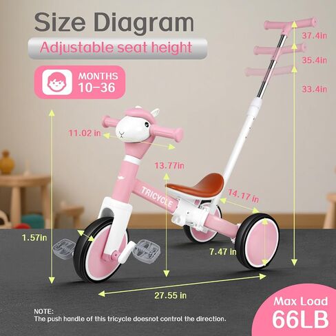 Tricycle for Toddlers 1-3 Year Olds, 5 in 1 Toddler Balance Bike 2-4 Years Old Boys Girls, Push Trike Toys with Adjustable Handle, Birthday Gifts for 2 3 4 5 Year Old Kids Bike (Pink) in Saudi Arabia