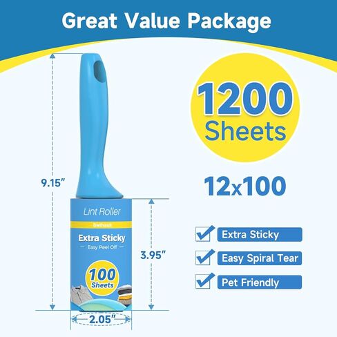 Swihauk 1200 Sheets Extra Sticky Lint Rollers for Pet Hair, Easy Spiral Tear Lint Roller for Clothes with Ergonomic Handle, Multipurpose Lint Remover for Furniture, Carpet, Car Seat in Saudi Arabia