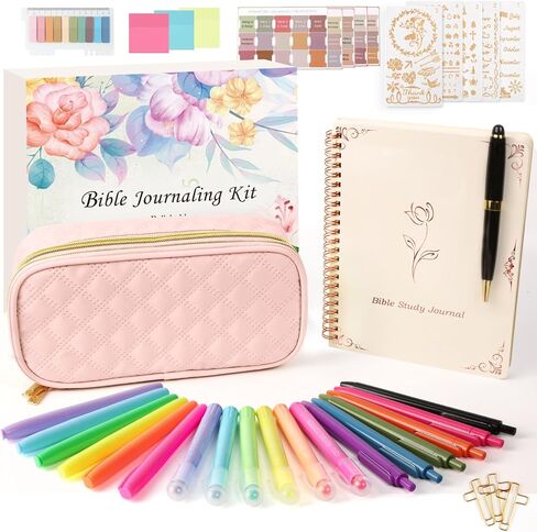 Bible Journaling Kit with Big Capacity Pencil Case, 50pcs Bible Journaling Supplies, Bible Tabs, Bible Highlighters and Pens No Bleed，Journaling Supplies for Bible Gifts (Light Pink) in Saudi Arabia
