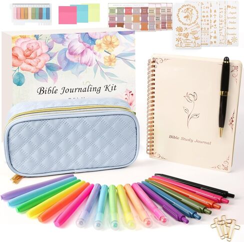 طقم اليومية للكتاب المقدس مع علبة قلم رصاص كبيرة السعة ، و 50pcs لوازم اليومية للكتاب المقدس ، وعلامات الكتاب المقدس ، وأعطال الكتاب المقدس والأقلام لا تنزف ， لوازم اليومية لهدايا الكتاب المقدس (الوردي الفاتح) in Kuwait