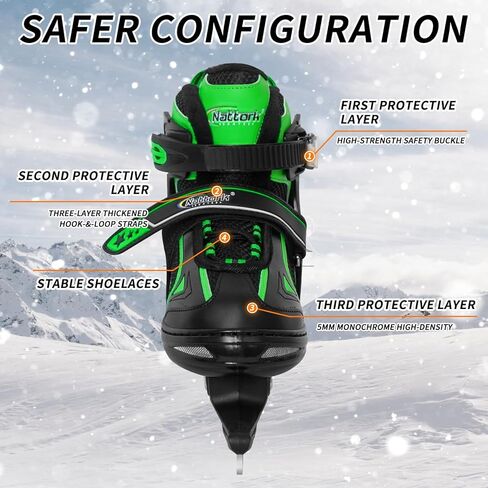 الزلاجات الجليدية nattork للأطفال الصغار ، والفتيان والبنات ، والزلاجات القابلة للتعديل في الهوكي - الحشوة الناعمة ودعم الكاحل المعزز مع 4 أحجام التعديلات - الأخضر in Kuwait