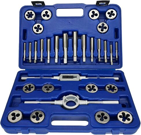 Drill America 110 Piece NC NF MM HSS Round Tap and Die Set with 1 and 1-1/2 OD Round Dies and Handles in Saudi Arabia