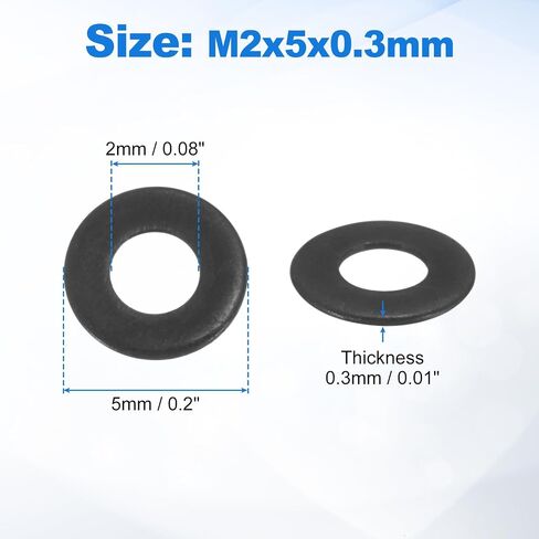 UXCELL 200PCS M2 304 غسالات مسطحة من الفولاذ المقاوم للصدأ ، معرف 2 مم ، OD 5MM ، سمك 0.3 ملم غسالات معدنية مستديرة للبراغي ، البناء في الهواء الطلق ، الأسود in Kuwait
