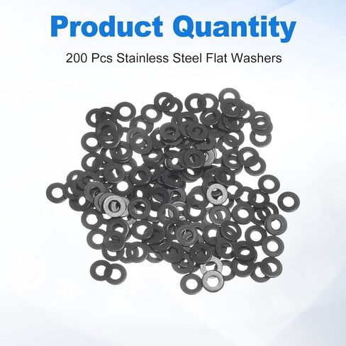 UXCELL 200PCS M2 304 غسالات مسطحة من الفولاذ المقاوم للصدأ ، معرف 2 مم ، OD 5MM ، سمك 0.3 ملم غسالات معدنية مستديرة للبراغي ، البناء في الهواء الطلق ، الأسود in Kuwait