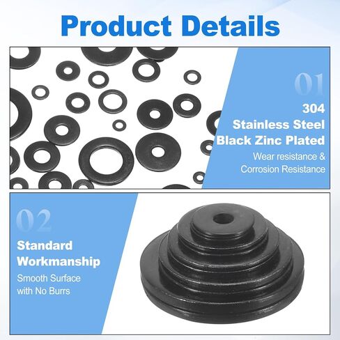 UXCELL 200PCS M2 304 غسالات مسطحة من الفولاذ المقاوم للصدأ ، معرف 2 مم ، OD 5MM ، سمك 0.3 ملم غسالات معدنية مستديرة للبراغي ، البناء في الهواء الطلق ، الأسود in Kuwait