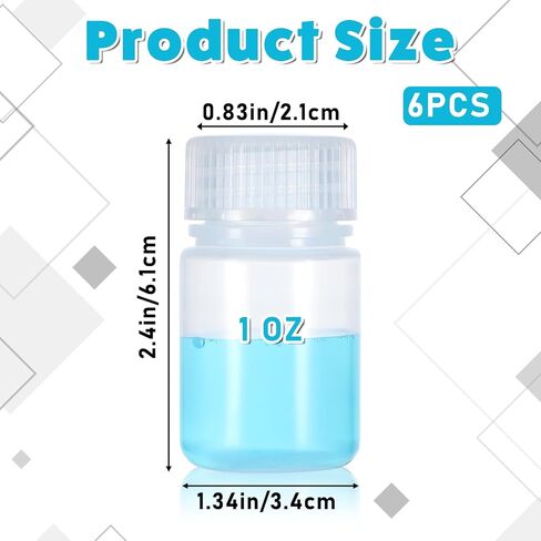 6 Pcs 1oz/ 30ml Plastic Sample Bottles PLaboratory Grade Polypropylene Wide Mouth Reagent Bottles Sealed Leakproof Clear Liquids Storage Containers with Lids for Liquids Laboratory storage at Home in Saudi Arabia