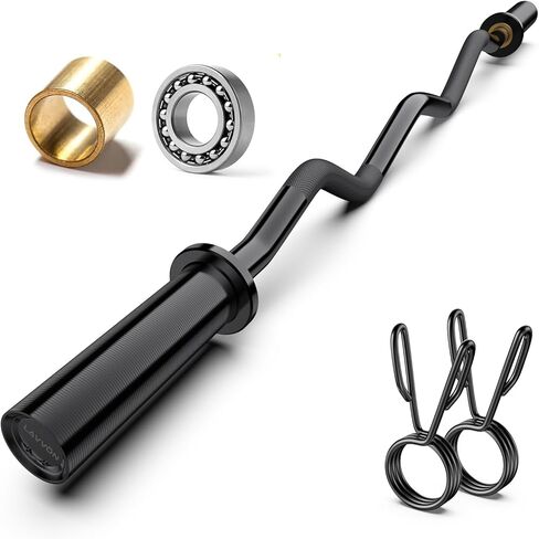 Olympic EZ Curl Barbell Bar 47",Mute Bearings - 2" Curl Bar for Weight Lifting, Hip Thrusts,Biceps,Squat-Home Gym Weight Bar-Chrome Curling Strength Training, 2Pcs Collars(800lbs Weight Capacity) in Kuwait