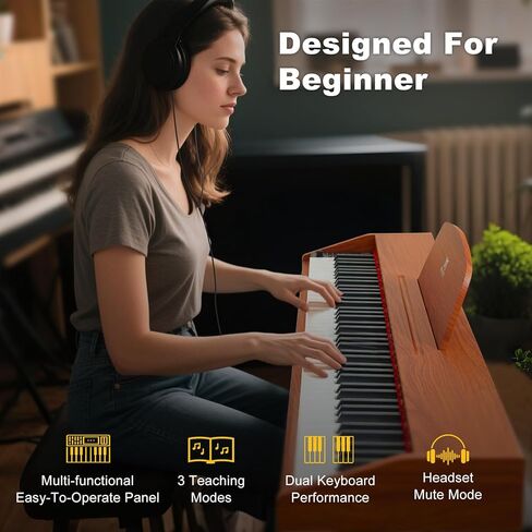 MUSTAR 88 Key Piano Keyboard for Beginners, Semi Weighted Electric Piano Keyboard 88 Keys, Portable Digital Piano 88 Key Weighted with 3-Pedal Unit, Built-In Speakers, USB/MIDI Connecting (Brown) in Kuwait