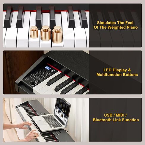 Mustar 88 Key Piano Keyboard للمبتدئين ، لوحة مفاتيح البيانو الكهربائية شبه المرجحة 88 مفتاحًا ، Plotable Digital Piano 88 مفتاح مرجح بوحدة ثلاثية الأوساط ، مكبرات صوت مدمجة ، USB/MIDI Connecting (Brown) in Kuwait