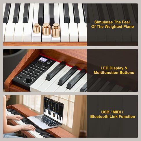 MUSTAR 88 Key Piano Keyboard for Beginners, Semi Weighted Electric Piano Keyboard 88 Keys, Portable Digital Piano 88 Key Weighted with 3-Pedal Unit, Built-In Speakers, USB/MIDI Connecting (Brown) in Kuwait