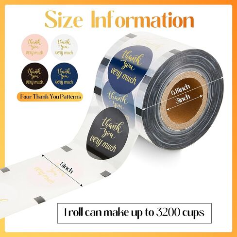Henoyso 1 Roll Cup Sealer Film for Sealing Machine 90-105 mm 3200 Cups Bubble Tea Sealer Film for 16 oz Plastic Cups for Bubble Tea, Water, Coffee, Juice, Soda(Bright Color,Thank You Style) in Saudi Arabia