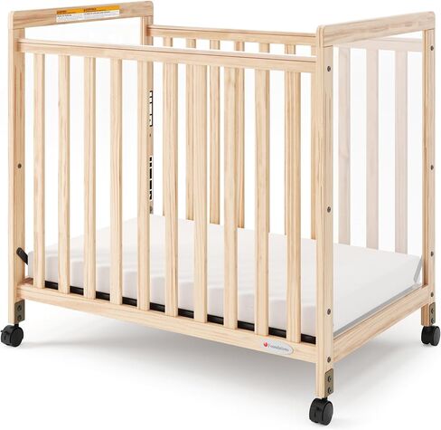 Foundations SafetyCraft Compact Slatted Daycare Crib, Durable Wood Construction, Non-Marking Casters (2 Locking), Includes 3" InfaPure Foam Mattress (Natural) in Kuwait