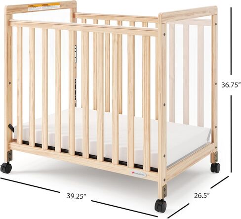Foundations SafetyCraft Compact Slatted Daycare Crib, Durable Wood Construction, Non-Marking Casters (2 Locking), Includes 3" InfaPure Foam Mattress (Natural) in Kuwait