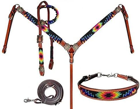 Showman Bright Lor Bead Southwest Design Leather Headstall & Prast Llar ، متوسط ​​الحجم الكامل الحجم in Saudi Arabia