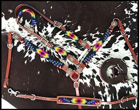 Showman Bright Lor Bead Southwest Design Leather Headstall & Prast Llar ، متوسط ​​الحجم الكامل الحجم in Saudi Arabia