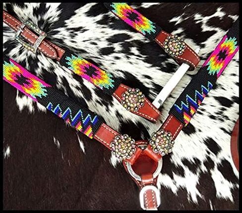 Showman Bright Lor Bead Southwest Design Leather Headstall & Prast Llar ، متوسط ​​الحجم الكامل الحجم in Saudi Arabia