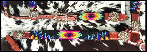 Showman Bright Lor Bead Southwest Design Leather Headstall & Prast Llar ، متوسط ​​الحجم الكامل الحجم in Saudi Arabia