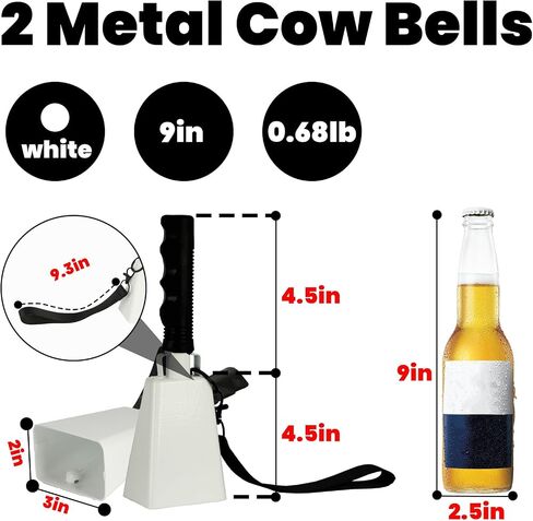 2pcs Cowbells Steel Cow Bell 9 بوصة صانعي الضوضاء Cowbell Comeing Hand Bell مع حزام معصم للأحداث الرياضية ، وألعاب كرة القدم ، والحفلات ، والمزرعة ، والآلات الموسيقية (أبيض) in Kuwait