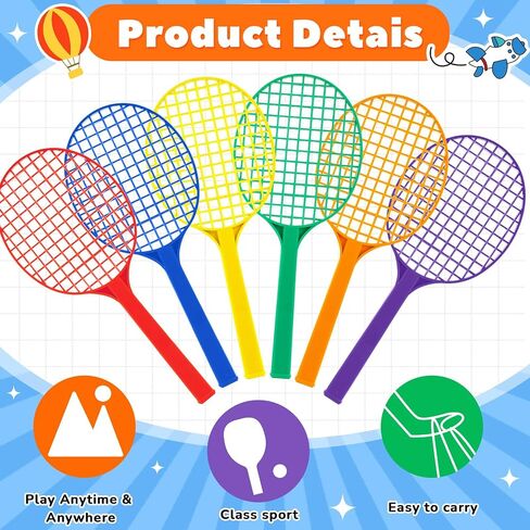 12 PCS Tennis Tennis Racquets PE معدات فصول التربية البدنية للمدرسة الابتدائية ألوان متنوعة (18.9 × 8.1 بوصة) in Saudi Arabia