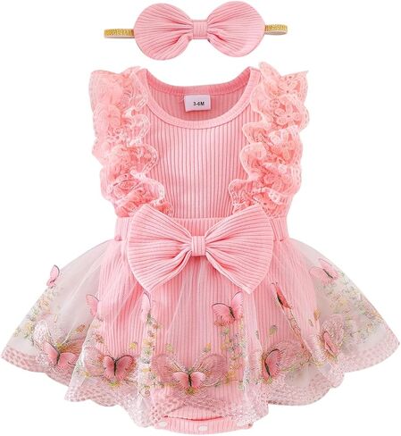 Baby Girl Clothes Infant Summer Outfits Cute Butterflies Mesh Ruffle Sleeveless Romper Headband Set 0-12 Months in Saudi Arabia