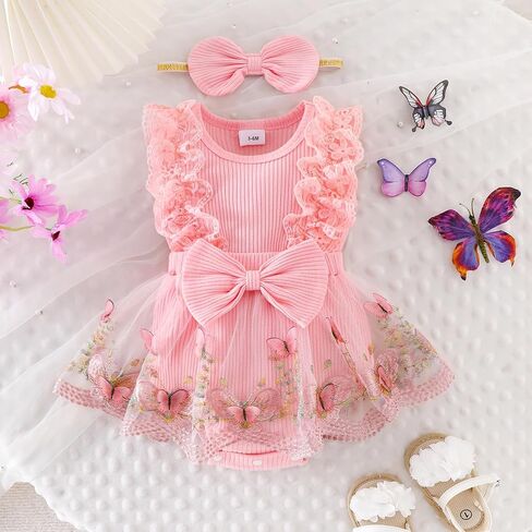 Baby Girl Clothes Infant Summer Outfits Cute Butterflies Mesh Ruffle Sleeveless Romper Headband Set 0-12 Months in Saudi Arabia