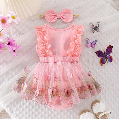 Baby Girl Clothes Infant Summer Outfits Cute Butterflies Mesh Ruffle Sleeveless Romper Headband Set 0-12 Months in Saudi Arabia