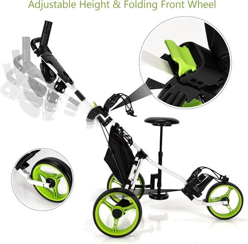 GYMAX Foldable 3-Wheel Height Adjustable Lightweight Golf Caddy Cart with Umbrella Holder, Hydraulic Seat, Storage Bag & Cup Holder in Kuwait