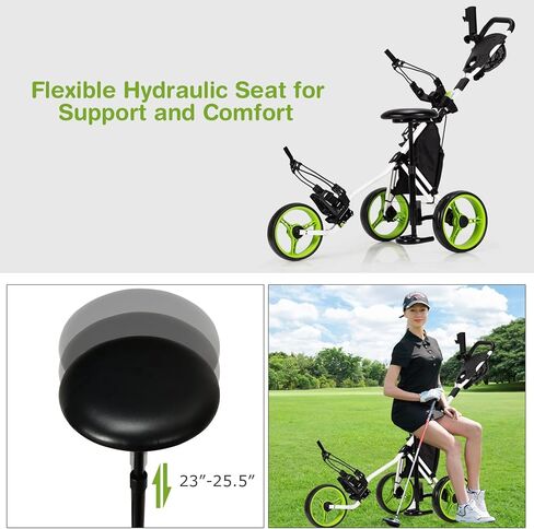 GYMAX Foldable 3-Wheel Height Adjustable Lightweight Golf Caddy Cart with Umbrella Holder, Hydraulic Seat, Storage Bag & Cup Holder in Kuwait