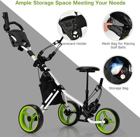 GYMAX Foldable 3-Wheel Height Adjustable Lightweight Golf Caddy Cart with Umbrella Holder, Hydraulic Seat, Storage Bag & Cup Holder in Kuwait