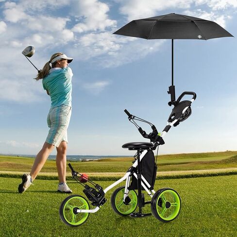 GYMAX Foldable 3-Wheel Height Adjustable Lightweight Golf Caddy Cart with Umbrella Holder, Hydraulic Seat, Storage Bag & Cup Holder in Kuwait