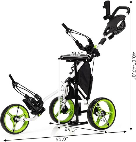 GYMAX Foldable 3-Wheel Height Adjustable Lightweight Golf Caddy Cart with Umbrella Holder, Hydraulic Seat, Storage Bag & Cup Holder in Kuwait
