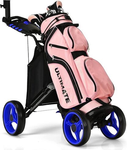 GYMAX Folding Golf Push Cart, Height Adjustable Portable Caddy Cart with Umbrella Holder, Waterproof Bag, Built-in Cooler & Foot Brake, Quick Fold/Unfold Golf Trolley for Club in Saudi Arabia