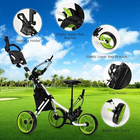 GYMAX Foldable 3-Wheel Height Adjustable Lightweight Golf Caddy Cart with Umbrella Holder, Hydraulic Seat, Storage Bag & Cup Holder in Kuwait