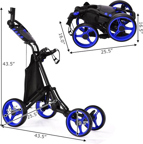 GYMAX Folding Golf Push Cart, Height Adjustable Portable Caddy Cart with Umbrella Holder, Waterproof Bag, Built-in Cooler & Foot Brake, Quick Fold/Unfold Golf Trolley for Club in Saudi Arabia