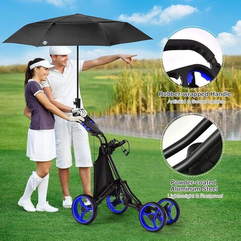 GYMAX Folding Golf Push Cart, Height Adjustable Portable Caddy Cart with Umbrella Holder, Waterproof Bag, Built-in Cooler & Foot Brake, Quick Fold/Unfold Golf Trolley for Club in Saudi Arabia
