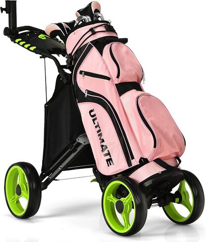 GYMAX Folding Golf Push Cart, Height Adjustable Portable Caddy Cart with Umbrella Holder, Waterproof Bag, Built-in Cooler & Foot Brake, Quick Fold/Unfold Golf Trolley for Club in Saudi Arabia