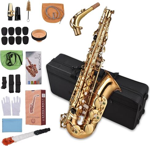 الساكسفون ، EB Alto Saxophone النحاس المرن Alto Sax Wind أداة Sax alto saxophone مع قفازات الحمل الأشرطة لسان ساكسفون لطلاب المبتدئين (02) in Kuwait