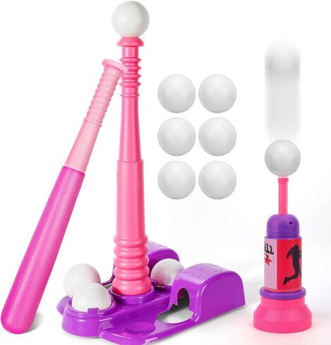 Toy Life T Ball مجموعات للأطفال 3-5 ، مجموعة البيسبول للبنات الصغار ، وقف Tball مع قاذفة الكرة و 6 كراتير ، وهدايا رياضية داخلية/خارجية للبنات ، والوردي ، الوردي in Saudi Arabia