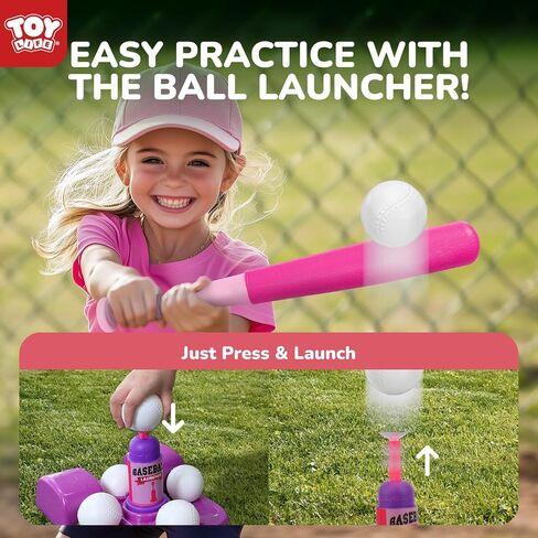 Toy Life T Ball مجموعات للأطفال 3-5 ، مجموعة البيسبول للبنات الصغار ، وقف Tball مع قاذفة الكرة و 6 كراتير ، وهدايا رياضية داخلية/خارجية للبنات ، والوردي ، الوردي in Saudi Arabia