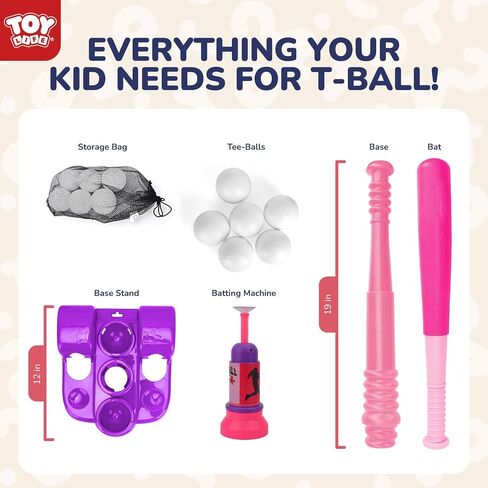 Toy Life T Ball مجموعات للأطفال 3-5 ، مجموعة البيسبول للبنات الصغار ، وقف Tball مع قاذفة الكرة و 6 كراتير ، وهدايا رياضية داخلية/خارجية للبنات ، والوردي ، الوردي in Saudi Arabia