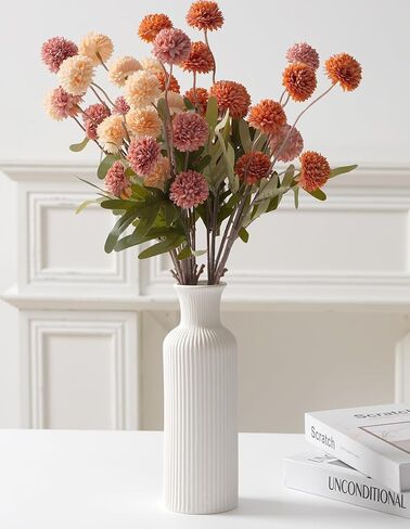 Fake Fall Flowers for Vase, Faux Silk Kiku Mums, Artificial Pom pom Floral Bouquets Indoor Centerpiece Office Coffee Table Boho Home Decorations (9, Mixed Orange) in Saudi Arabia