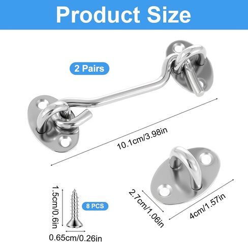 4 Inch Hook and Eye Latch for Door, 2 Pack Stainless Steel Latche with Screws Rust-Resistant Barn Door Lock Eye Hook Latch for Doors, Windows, Cabinet Closet, Garage Gate, Fence (Silver) in Saudi Arabia