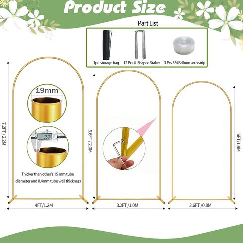 Metal Arch Backdrop Stand Set of 3(6 ft, 5 ft, 4 ft) Party Arch Stands for Valentines Day, Wedding, Birthday, Baby Shower, Bridal Shower,Balloon Arched Frame for Garden Decor, Gold Floral Arches in Saudi Arabia