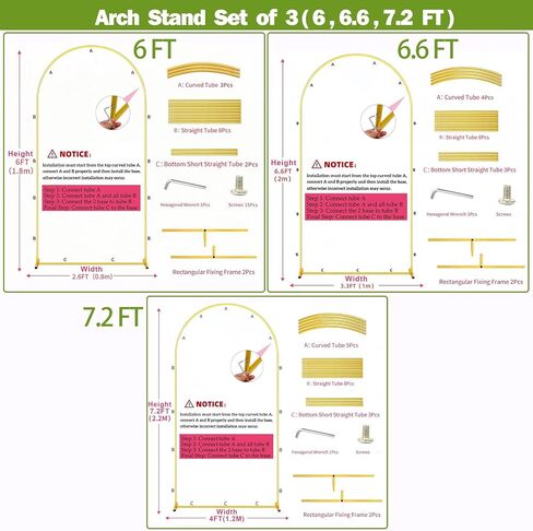 Metal Arch Backdrop Stand Set of 3(6 ft, 5 ft, 4 ft) Party Arch Stands for Valentines Day, Wedding, Birthday, Baby Shower, Bridal Shower,Balloon Arched Frame for Garden Decor, Gold Floral Arches in Saudi Arabia