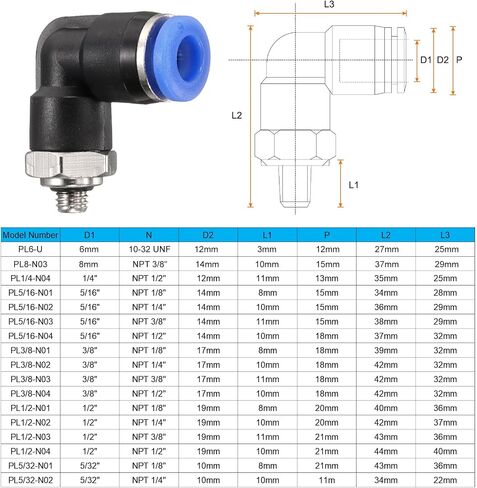 HARFINGTON Push to Connect Fittings Male Elbow 6mm Tube OD x 10-32 UNF Thread Plastic Quick Connect Air Hose Pneumatic Fitting Kit Push Lock Connector PL6-U, Black in Kuwait