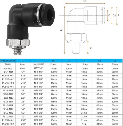 HARFINGTON Push to Connect Fittings Male Elbow 6mm Tube OD x 10-32 UNF Thread Plastic Quick Connect Air Hose Pneumatic Fitting Kit Push Lock Connector PL6-U, Black in Kuwait