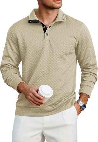 Lexiart Mens Fashion Quilted Long Sleeve Sweatshirts Thermal Stand Collar Quarter Button Up Pullover Sweatshirt in Saudi Arabia