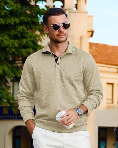 Lexiart Mens Fashion Quilted Long Sleeve Sweatshirts Thermal Stand Collar Quarter Button Up Pullover Sweatshirt in Saudi Arabia